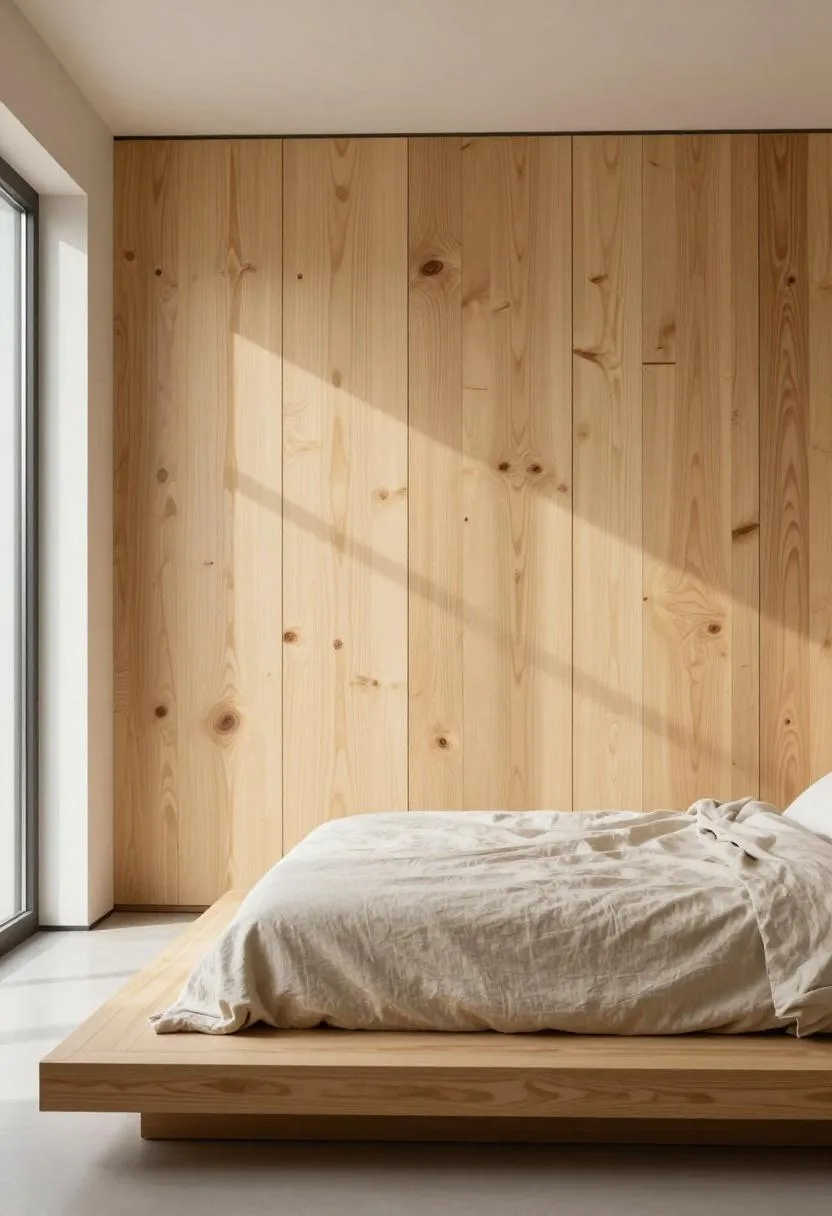 DIY pine shiplap accent wall in warm cream behind a platform bed