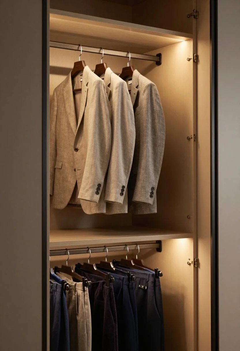 Double-hang closet configuration with blazers on an upper rod and draped trousers hanging on a lower rod below