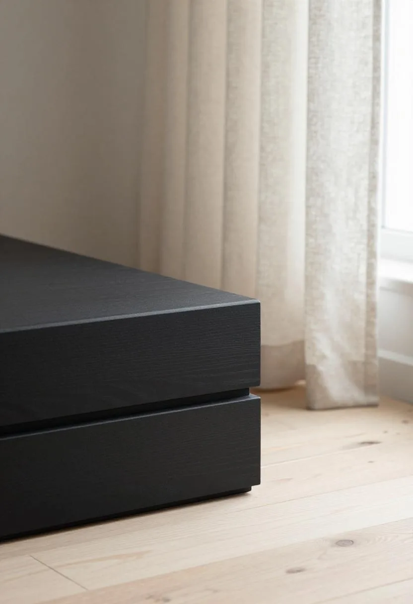 Double-stacked near-black oak baseboard trim anchoring a Japandi bedroom with bold clean architectural contrast
