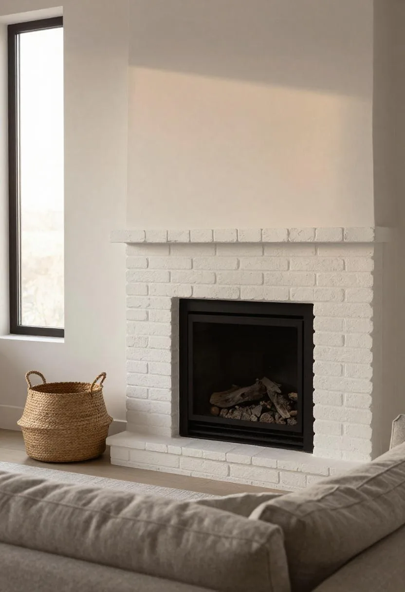 Driftwood gray linen sectional beside a whitewashed brick fireplace in warm golden evening light