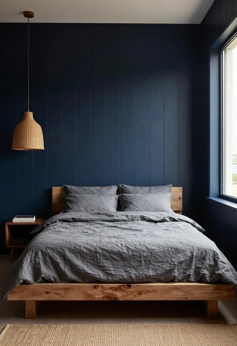 Driftwood-grey linen bed against deep navy shiplap wall with a rattan pendant