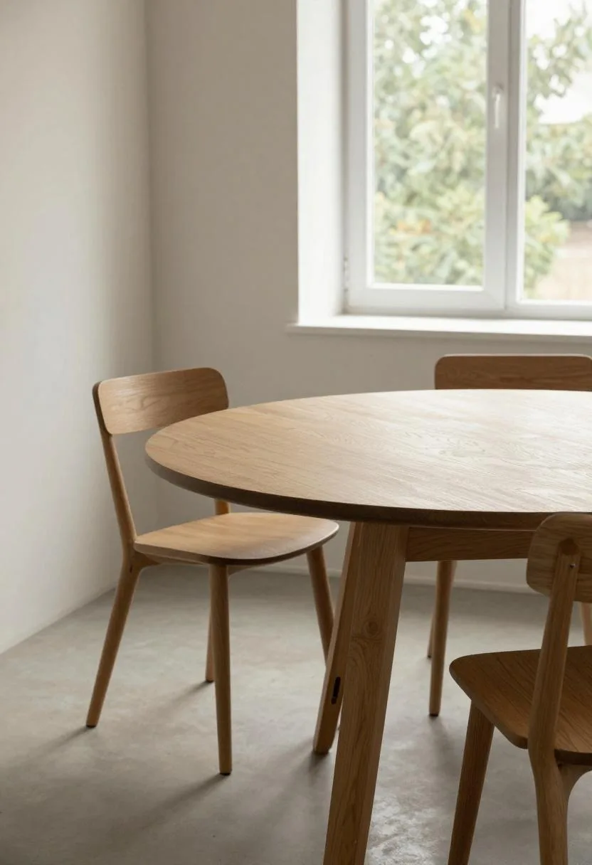 Space-saving drop-leaf oak dining table with tucked ash bentwood chairs in a compact corner