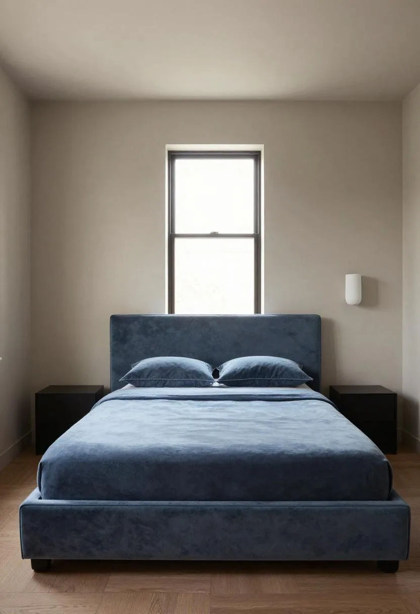Dusty blue velvet upholstered bed with plaster wall sconce and centered morning window