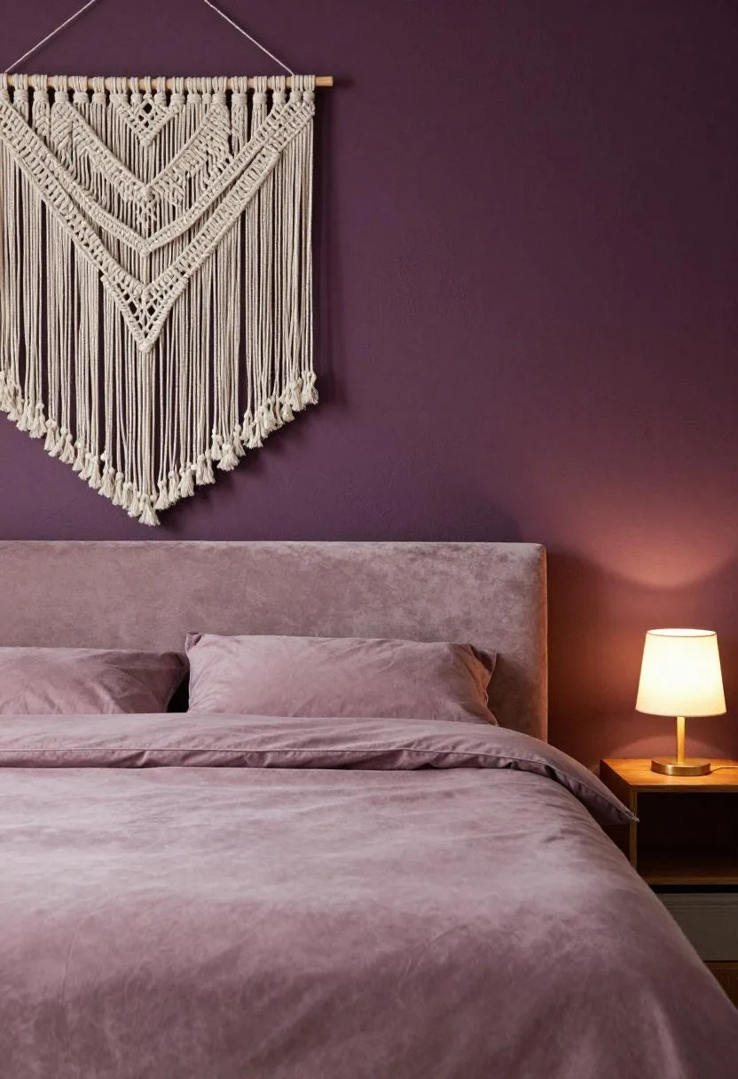 Dusty mauve velvet bed against a purple plaster accent wall with an asymmetric macramé hanging in a moody bohemian bedroom