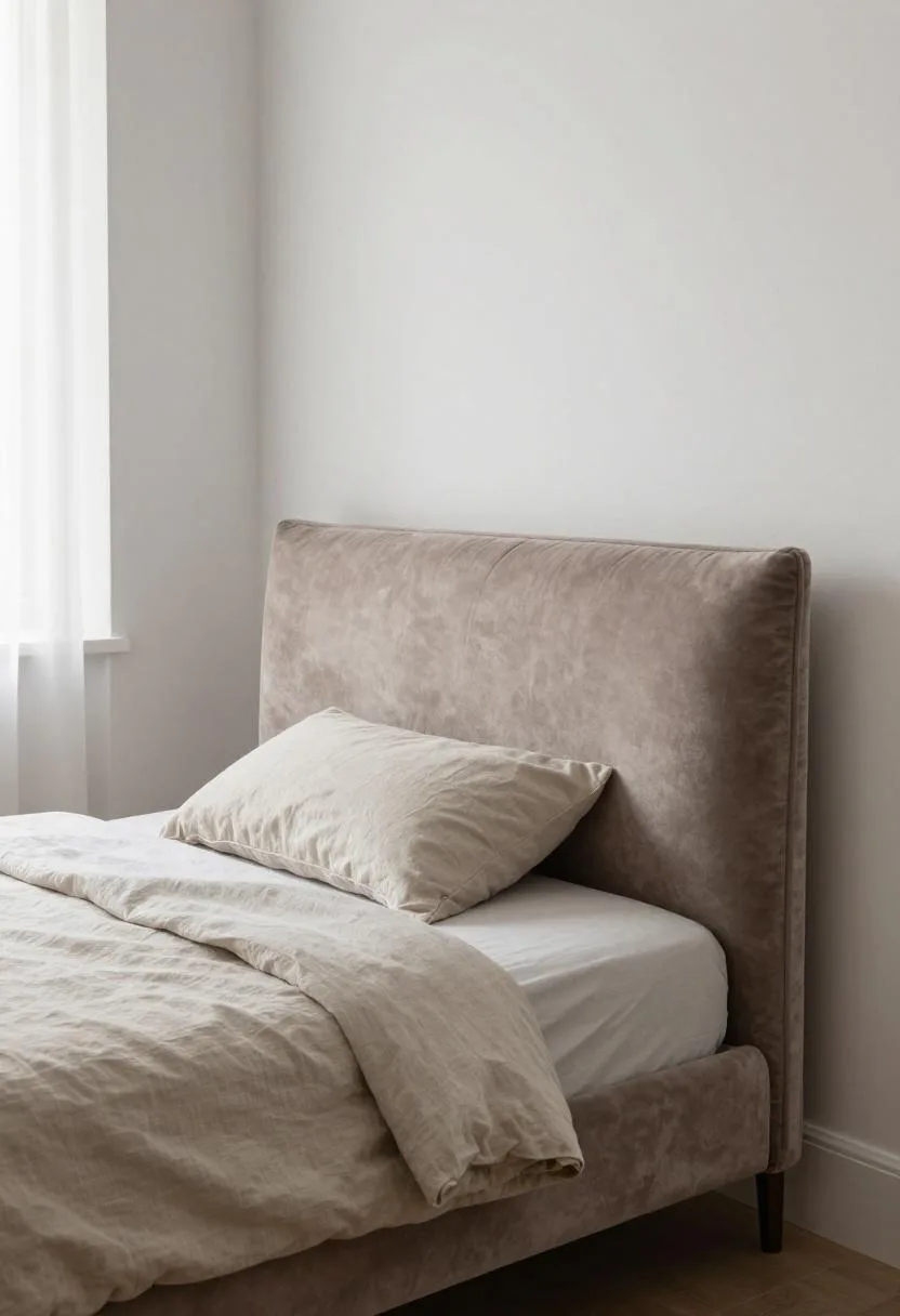 Dusty mauve velvet DIY upholstered headboard against a white wall