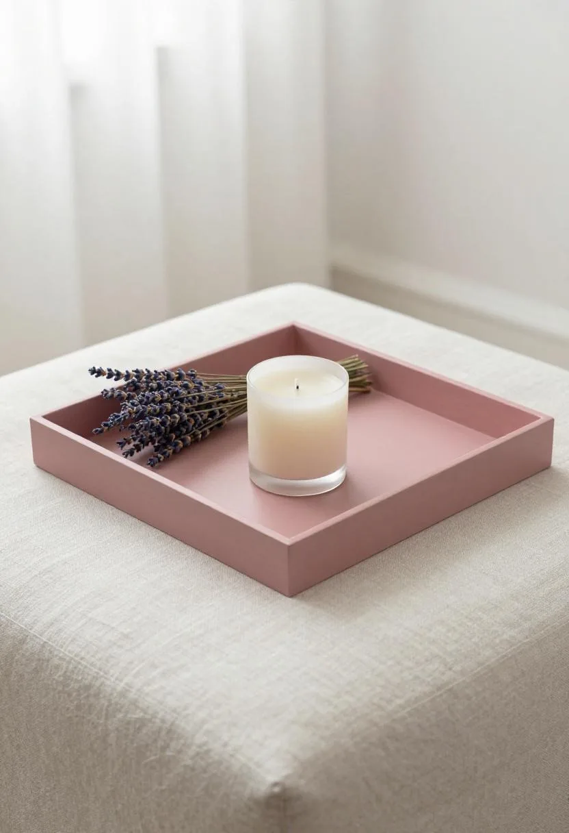 Dusty rose painted plywood tray with candle and dried lavender on an ottoman