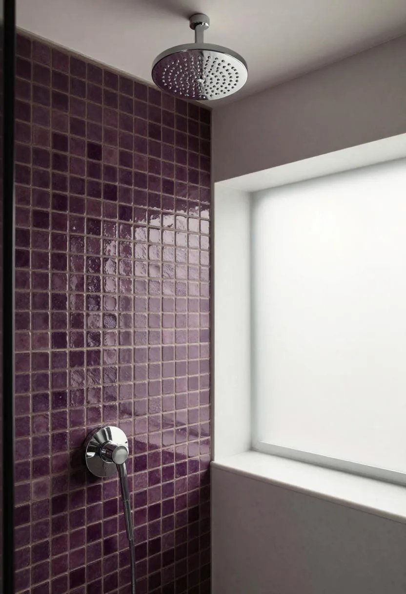 Shower enclosure covered in deep eggplant glazed penny tiles with chrome hardware and marble niche shelf