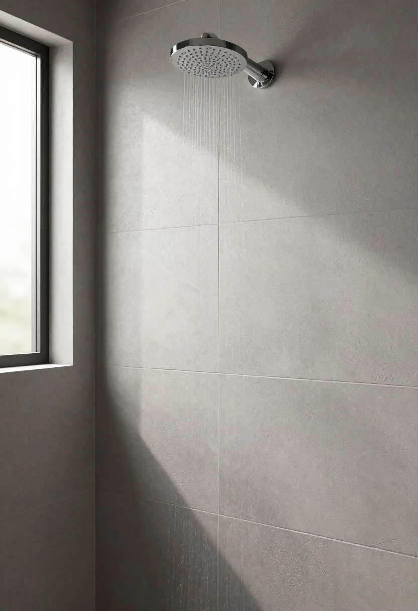 Embossed 3D warm gray concrete-effect shower tiles with a chrome rainfall showerhead overhead