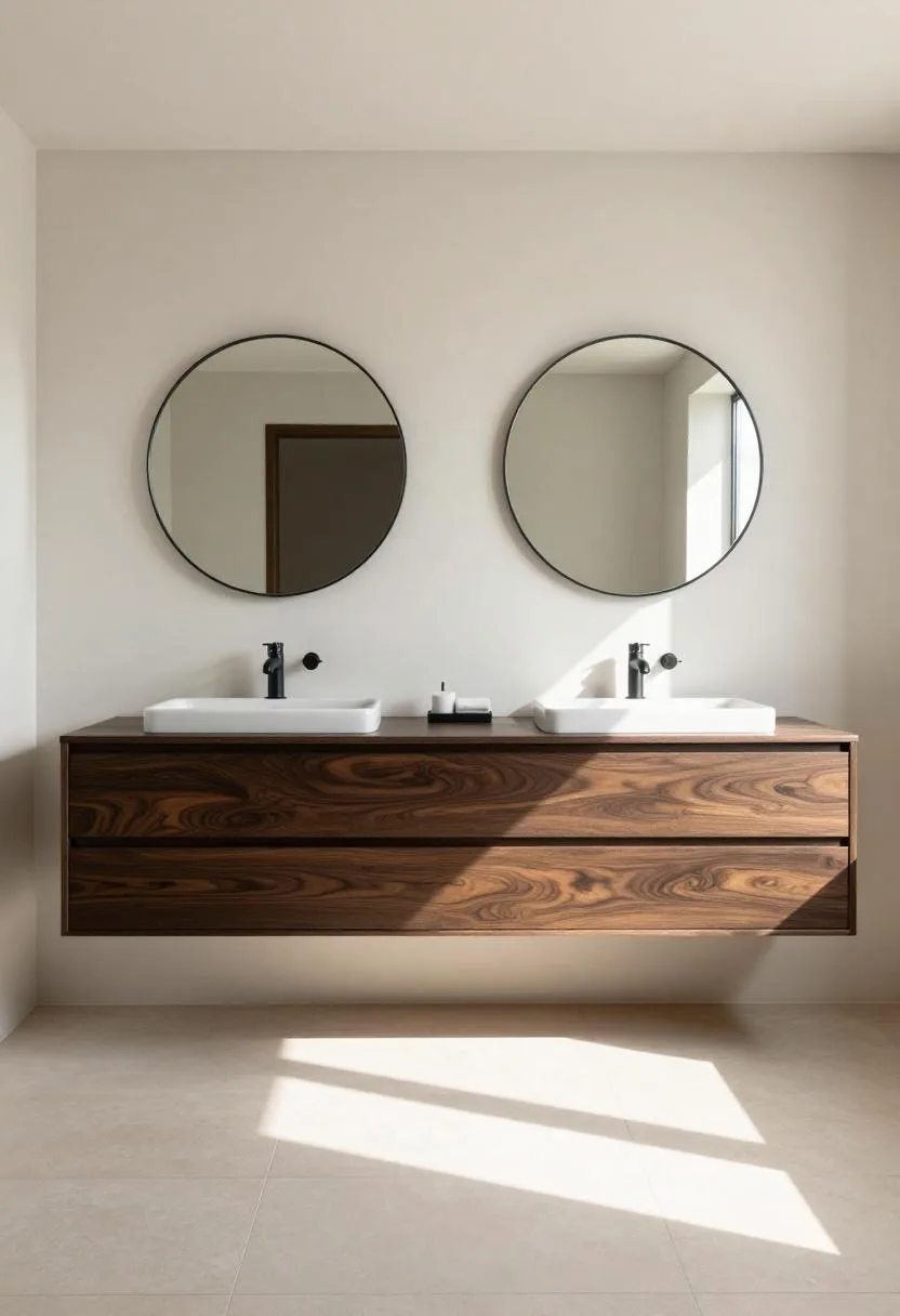 Dark espresso walnut double vanity with round mirrors and matte black faucets in a mid-century bathroom