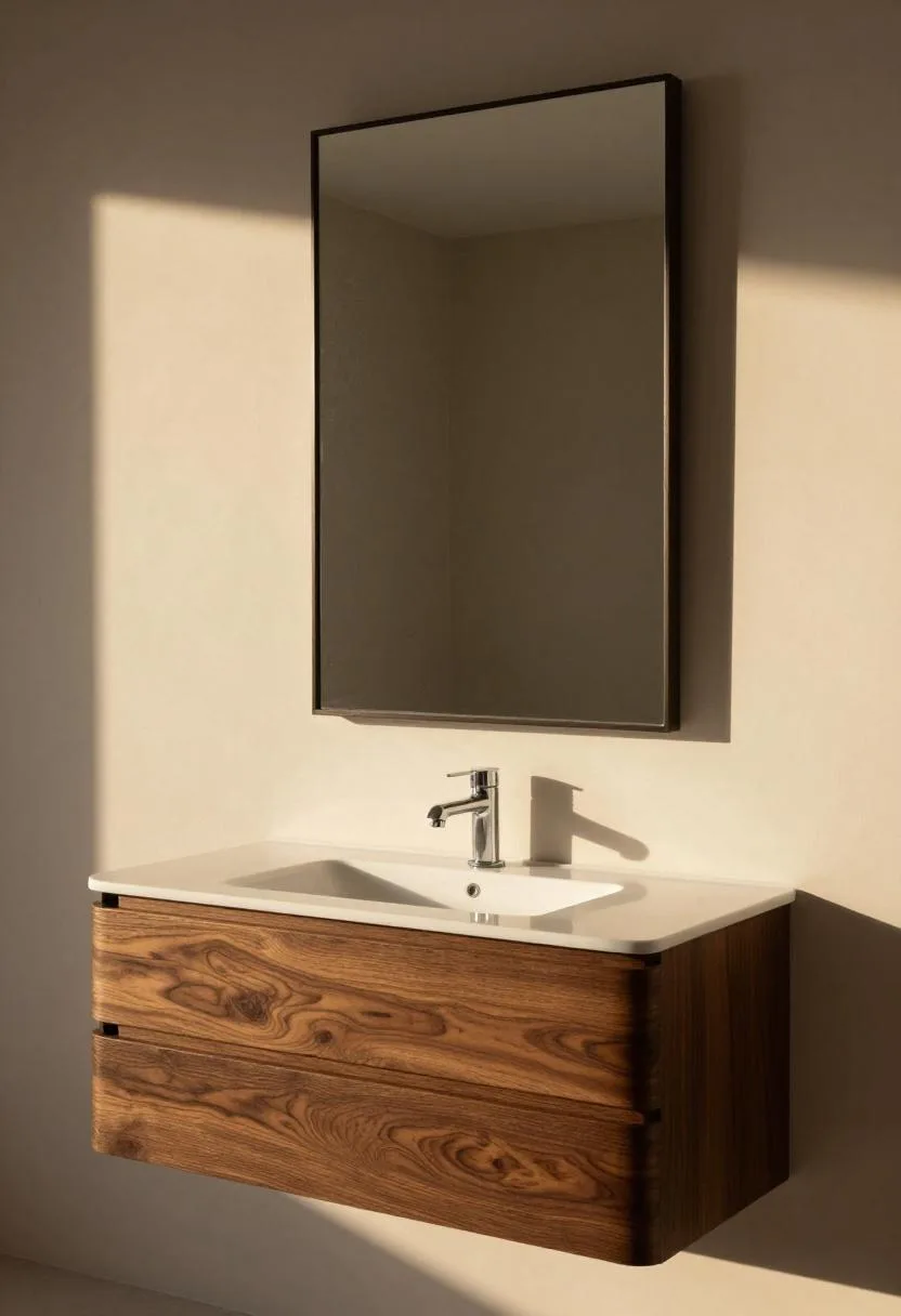 Dark espresso oak floating vanity with white quartz countertop and an iron-framed mirror