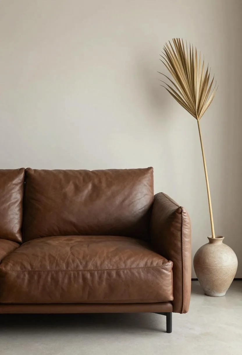 Deep espresso linen sofa with a saddle-brown leather throw and a dried palm leaf in a ceramic vase for a rich bohemian mood