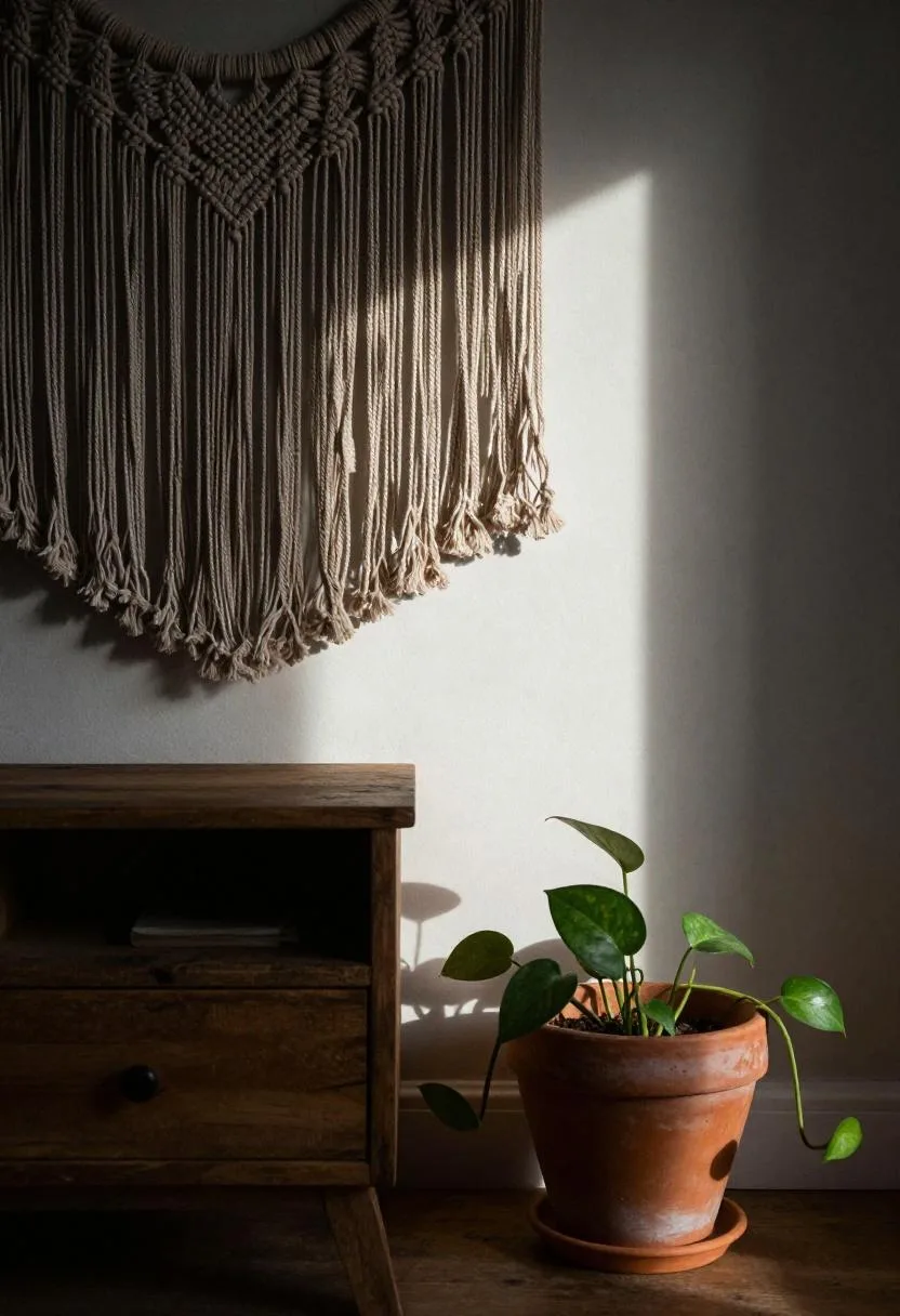 Espresso macramé wall hanging above a reclaimed wood nightstand with a terracotta plant
