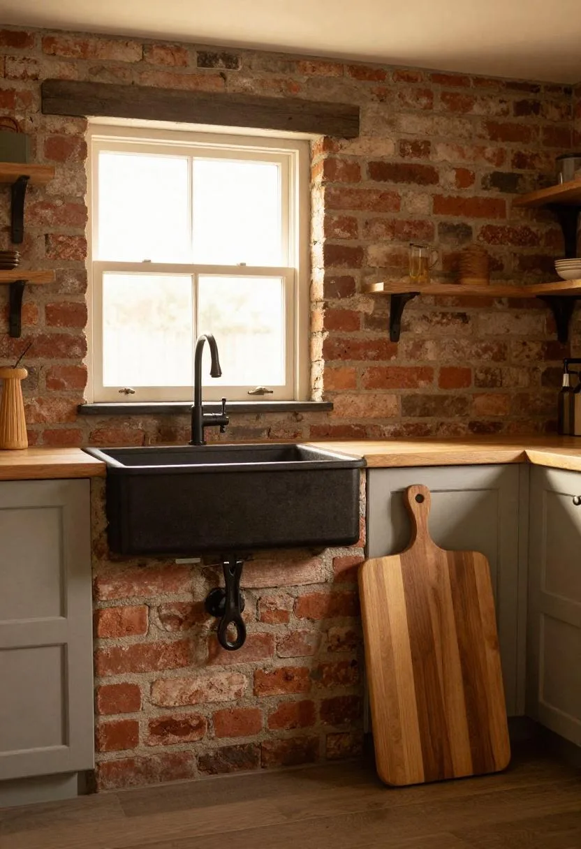 Exposed red brick backsplash behind a farmhouse cast iron sink with walnut cutting board in a rustic kitchen