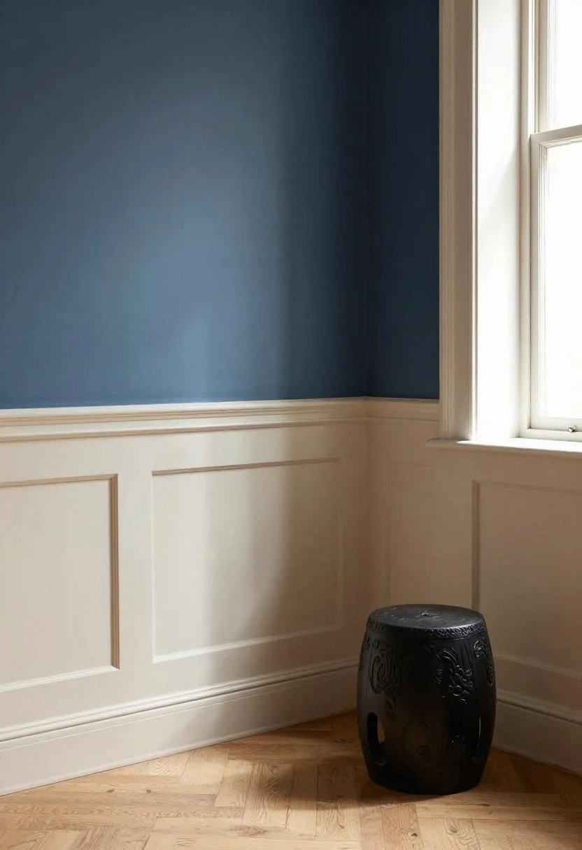 Extra-tall off-white colonial baseboard drawing the eye in an Afrohemian dining room with a striking indigo clay wall