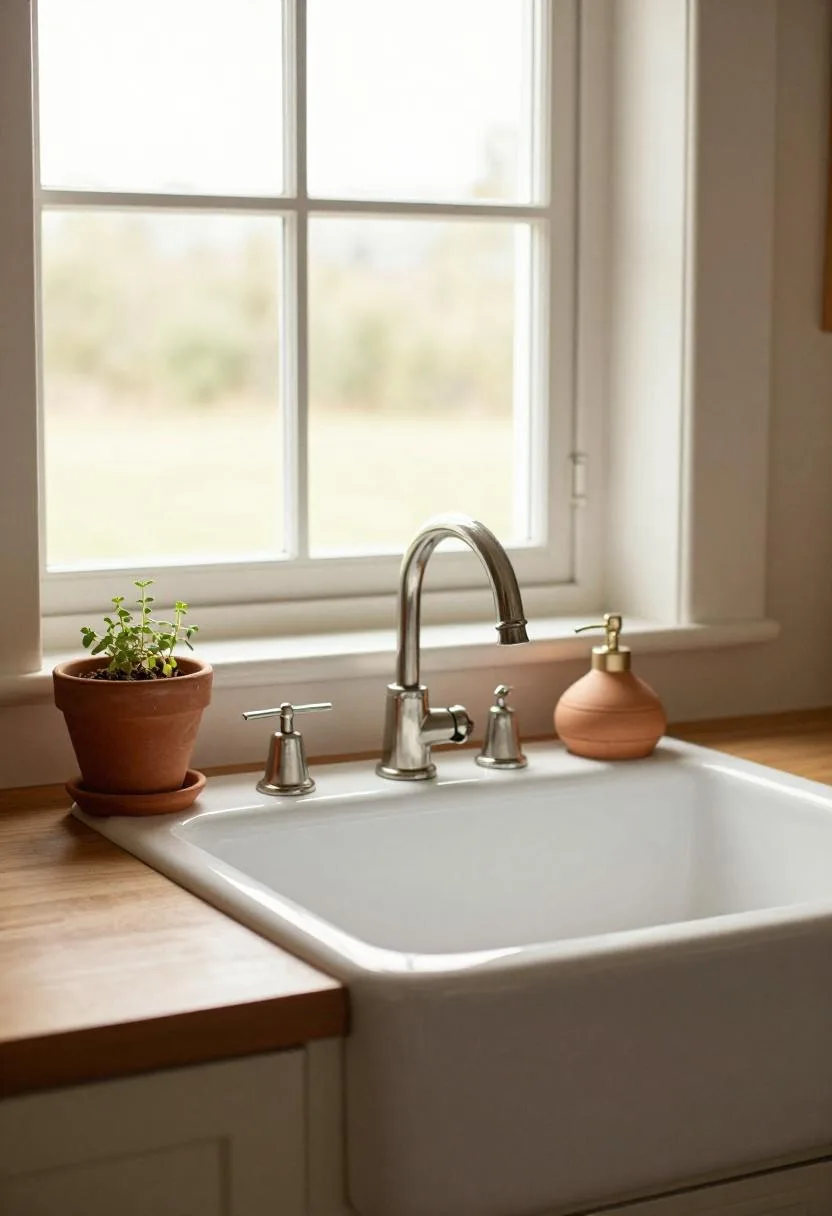 Farmhouse white apron sink styled with a terracotta herb pot and warm brown stoneware soap dispenser