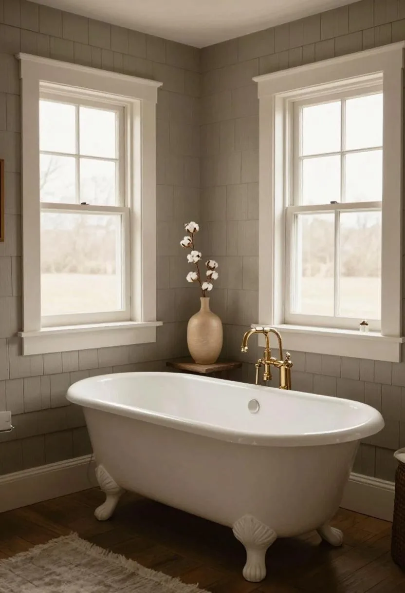 Full farmhouse bathroom view showing white clawfoot tub centered in the space with a dried cotton stem on a shiplap windowsill