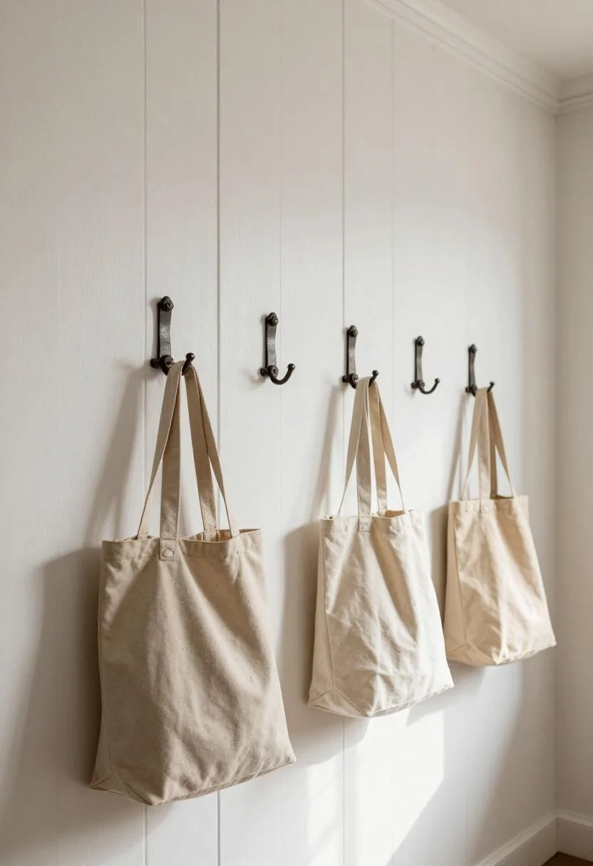 White beadboard farmhouse laundry wall with iron hooks holding canvas tote bags