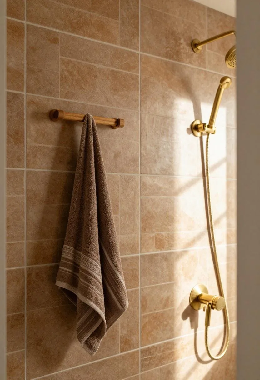 Farmhouse brick-style tile walk-in shower with raw brass fixtures and a striped cotton towel hanging outside