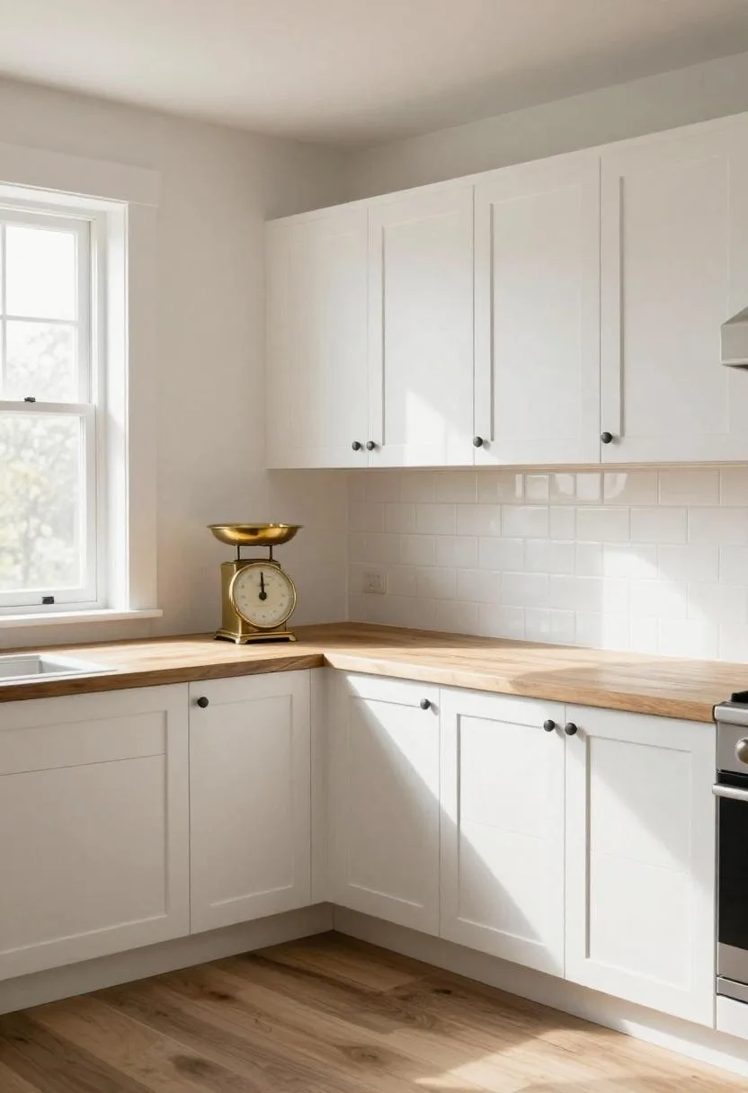 Farmhouse kitchen with butcher block counter and an antique brass scale as a functional accent piece