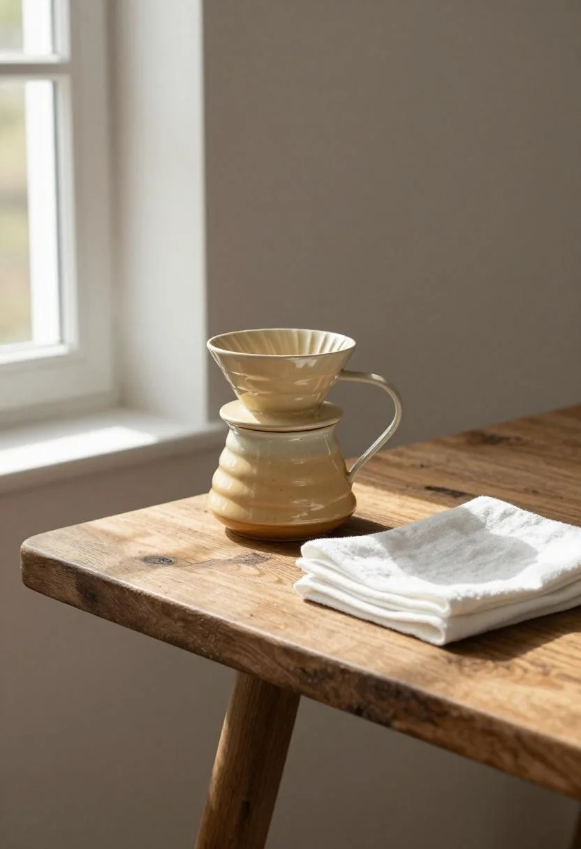 Farmhouse coffee station featuring a honey camel ceramic dripper displayed on a thick reclaimed oak serving board
