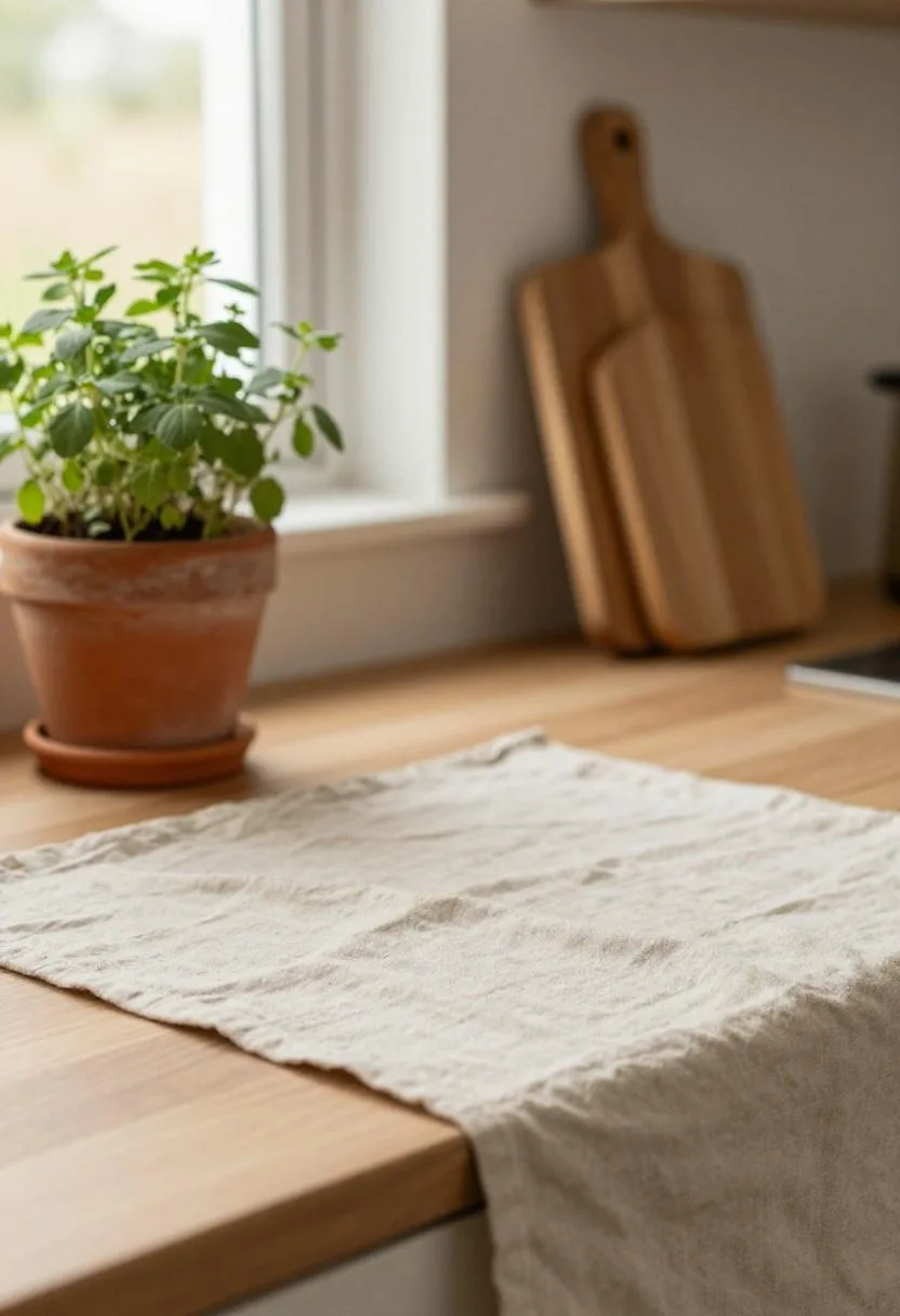 Farmhouse kitchen counter with a beige linen runner, terracotta pot, and maple cutting board