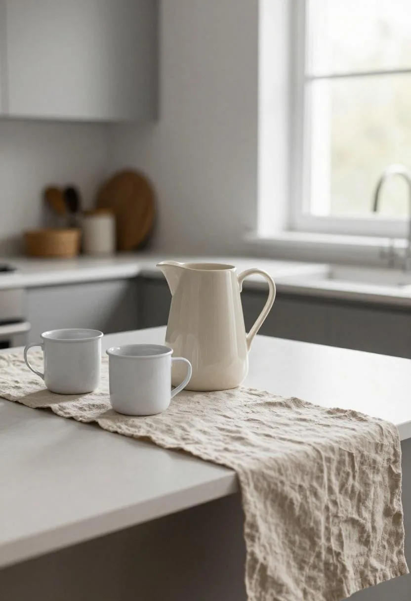 Overhead farmhouse island flat lay with cream ceramics and linen runner