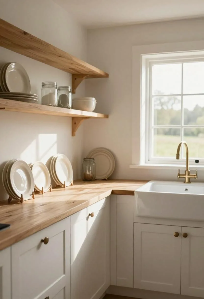Interior design - farmhouse kitchen pine shelves cream ceramics