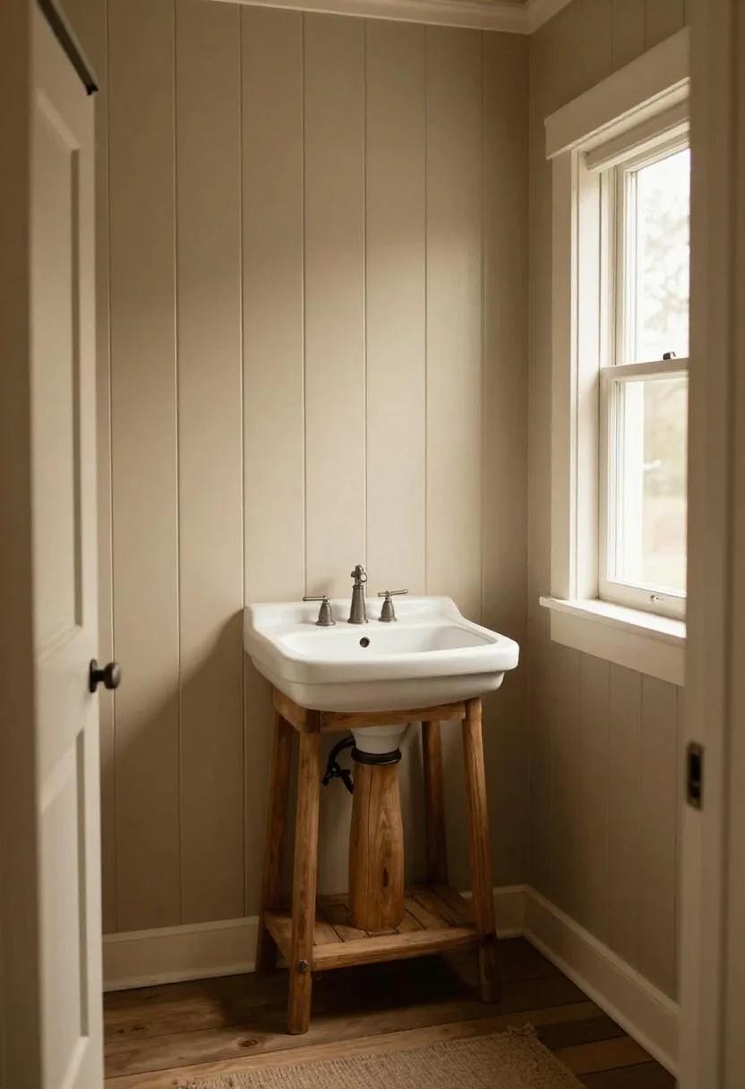 Farmhouse powder room with greige wainscoting and a white apron-front sink on a wood console