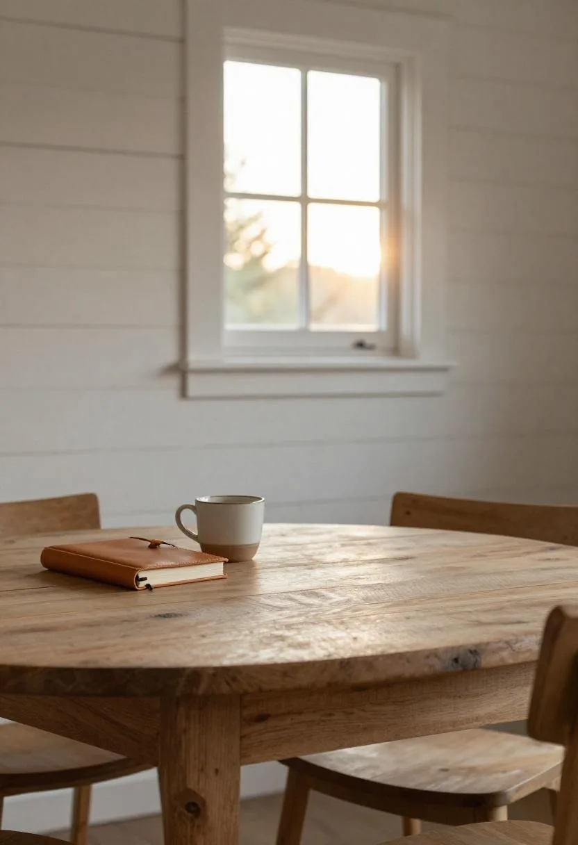 Farmhouse breakfast nook with reclaimed pine bench, shiplap wall and warm golden morning light