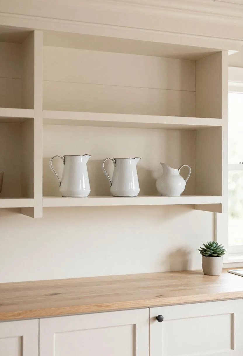 Cream farmhouse shiplap shelves with white ironstone pitchers and a small succulent