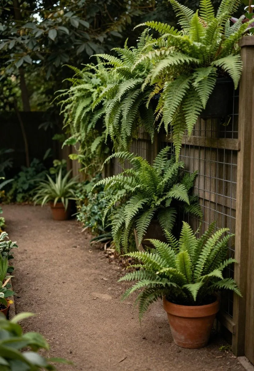 Dense fern-covered trellis wall in forest green lining a garden path with a single clay potted fern beside it