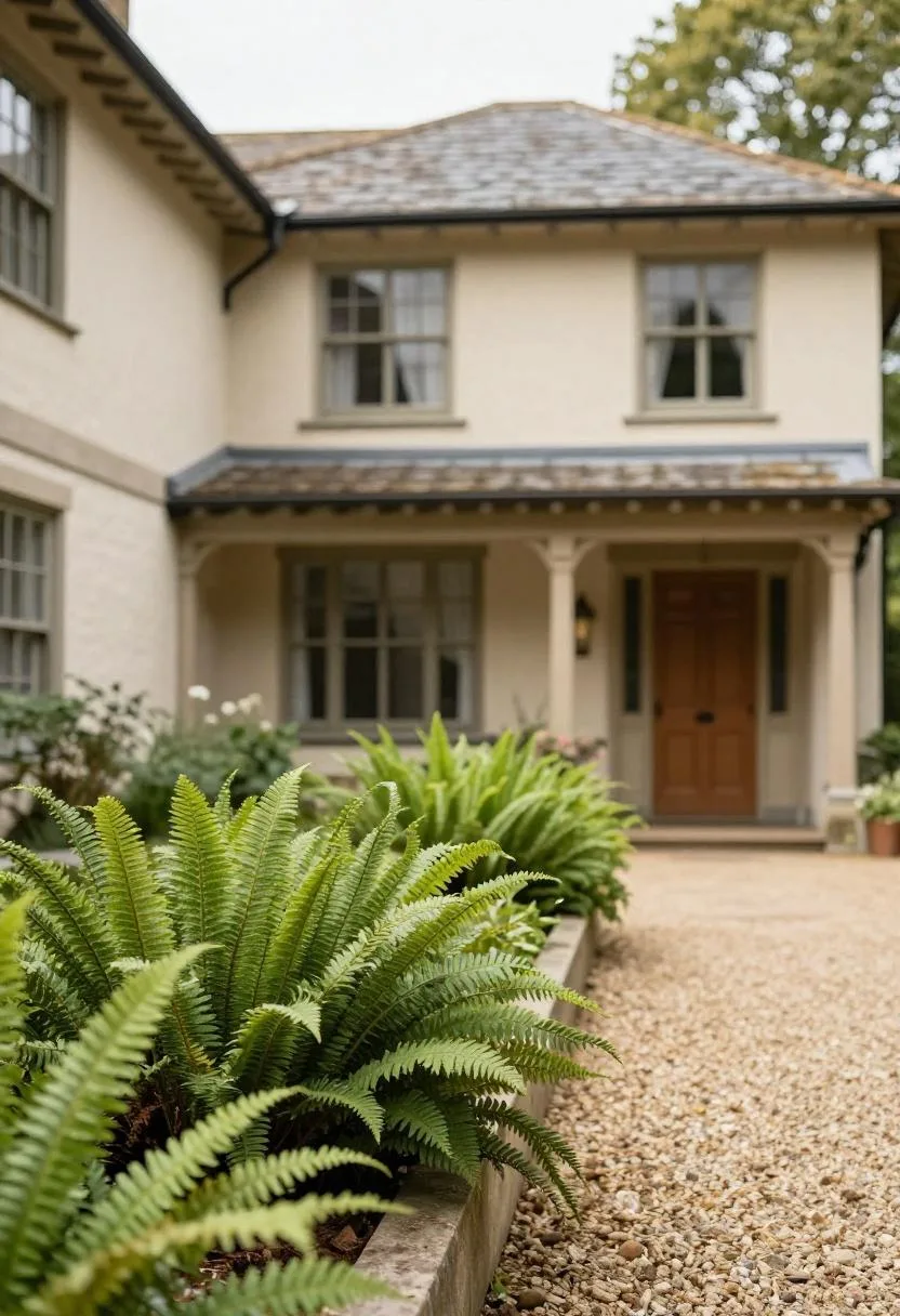 Fieldstone-edged fern bed in deep medium green tucked along a Tudor house foundation with a clear path beside it