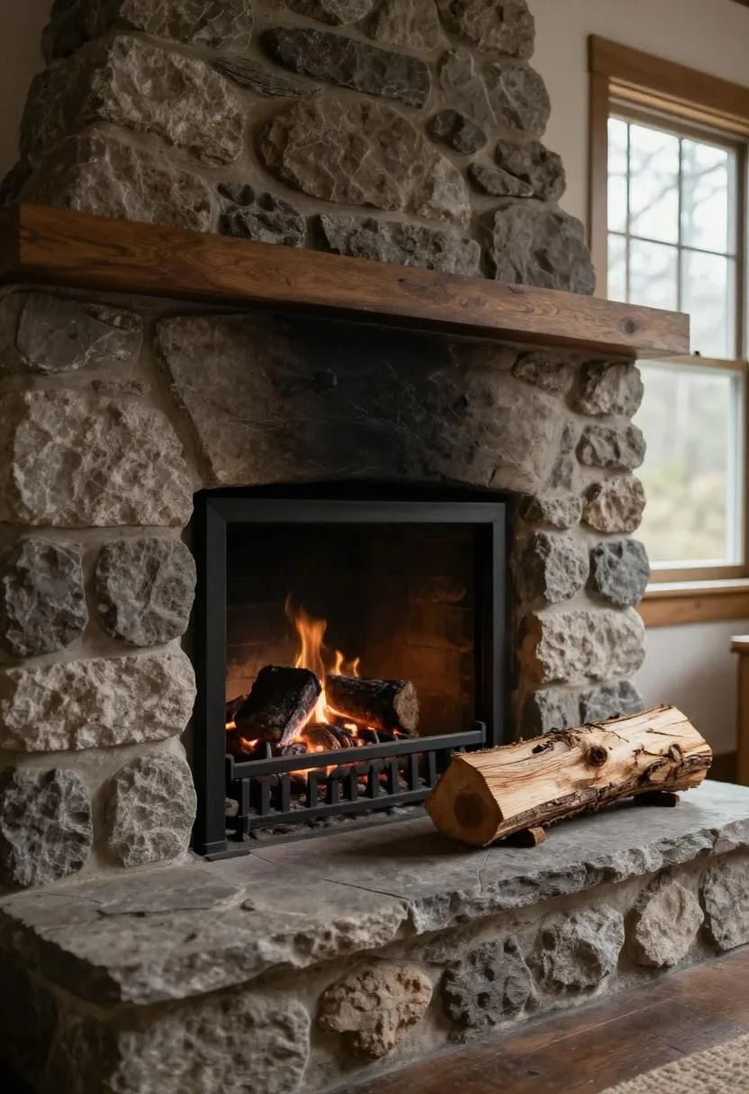 Stone gray fieldstone fireplace with a burning hearth and split pine logs stacked beside it