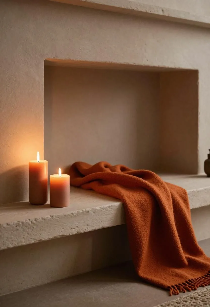 Cozy fireplace nook with a burnt-orange wool throw draped over a bench and terracotta pillar candles arranged on the hearth