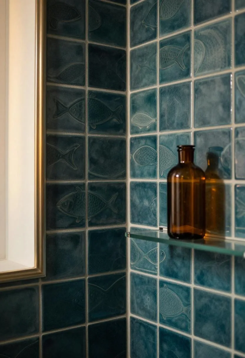 Dark teal ceramic fish-scale shower tiles with polished nickel corner trim and an amber glass bottle accent