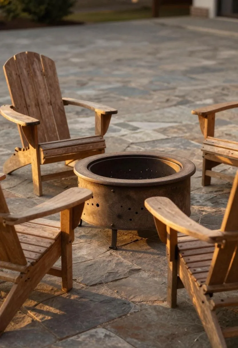 Weathered cedar Adirondack chairs framing a wrought-iron fire ring on a rustic flagstone patio at dusk