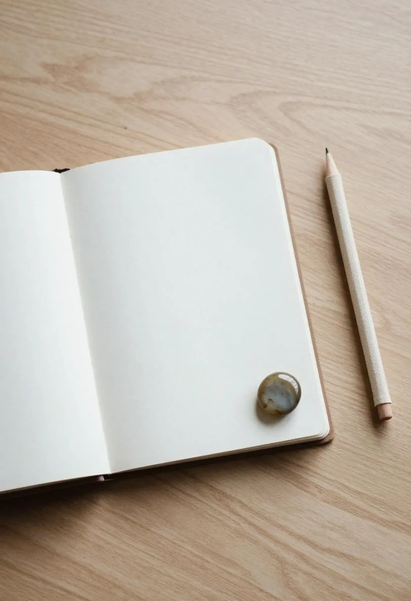 Flat-lay of washi journal, stone paperweight, and linen pencil roll on an ash desk in Japandi style