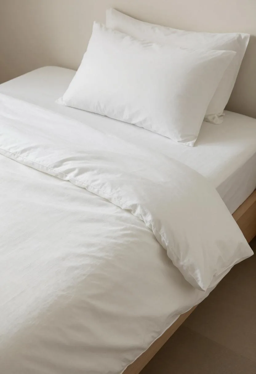 Overhead flat-lay view of crisp white cotton and linen bedding layered on a minimal platform bed