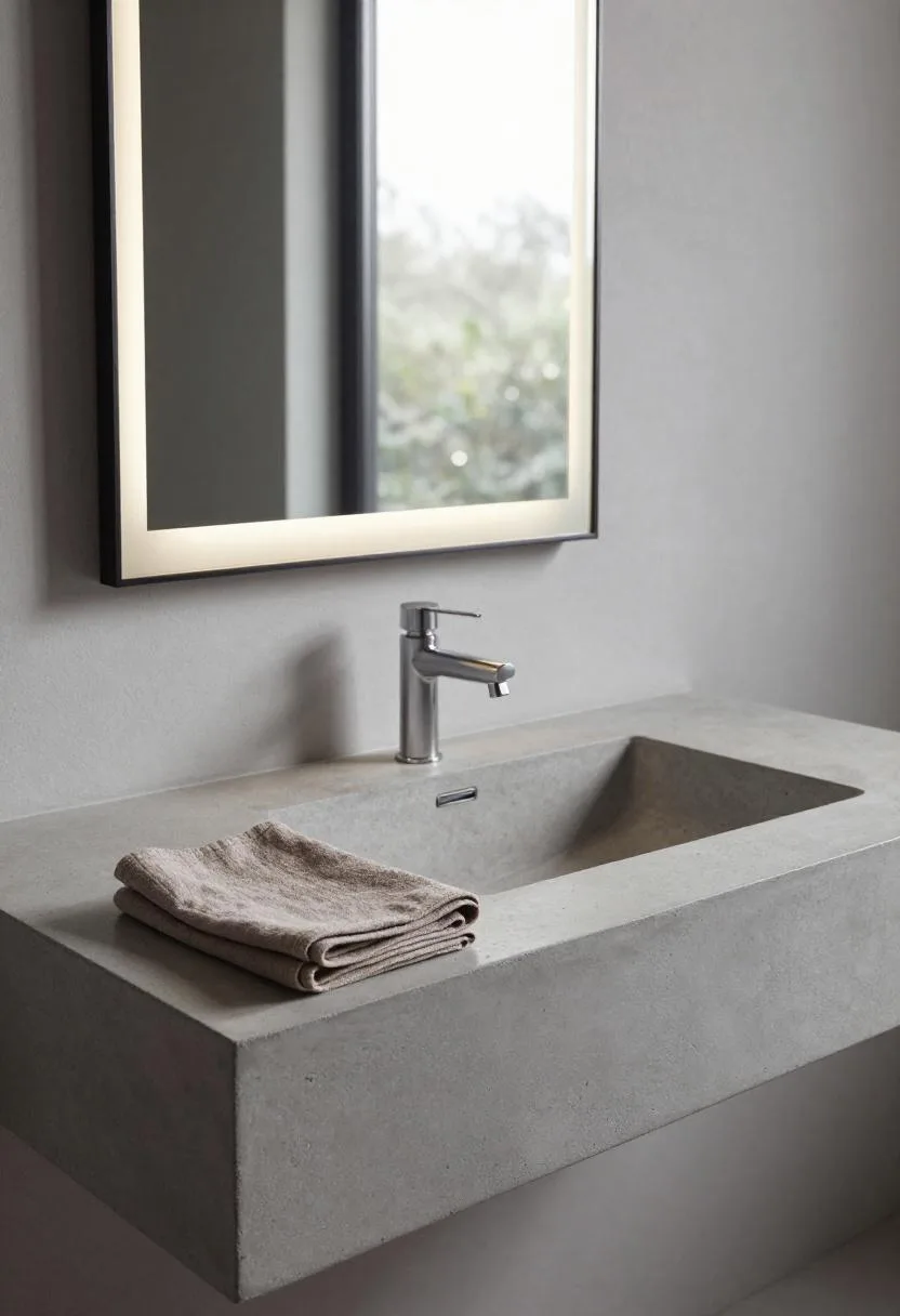 Floating concrete vanity with ceramic sink and backlit mirror in soft overcast light