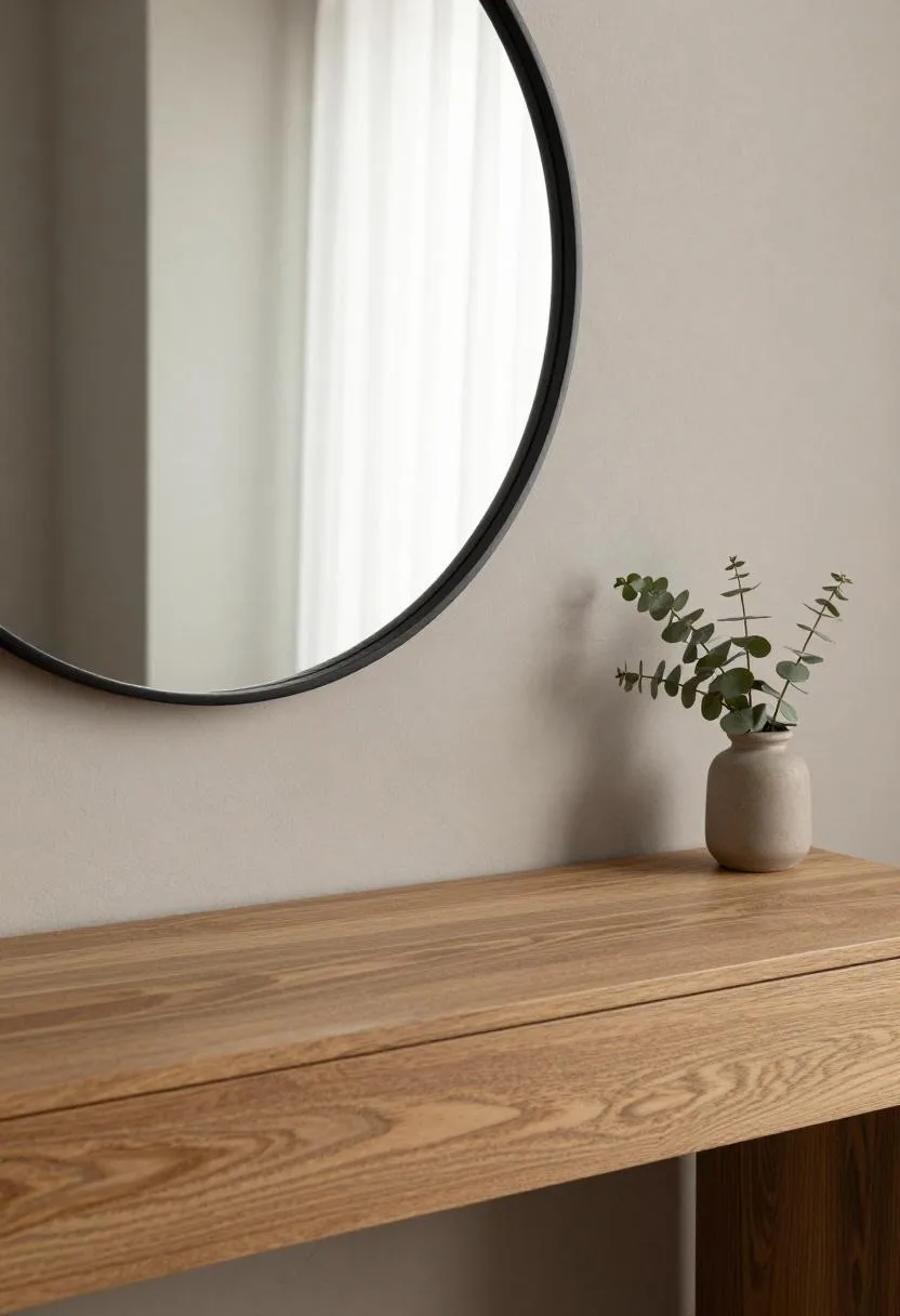 Round frameless mirror above a floating oak vanity reflecting warm greige plaster walls