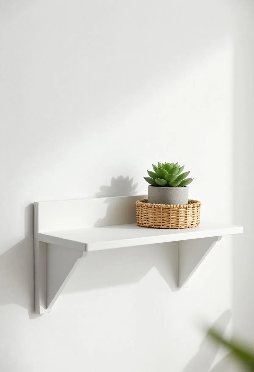 White floating shelf at child height with a wicker tray and a small potted succulent to the side