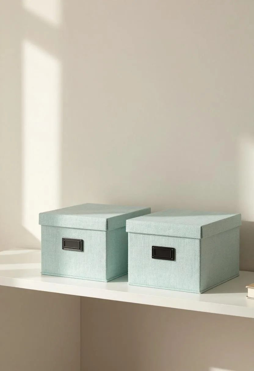 Floating shelf with pale mint linen storage boxes and black metal label holders for organized office storage