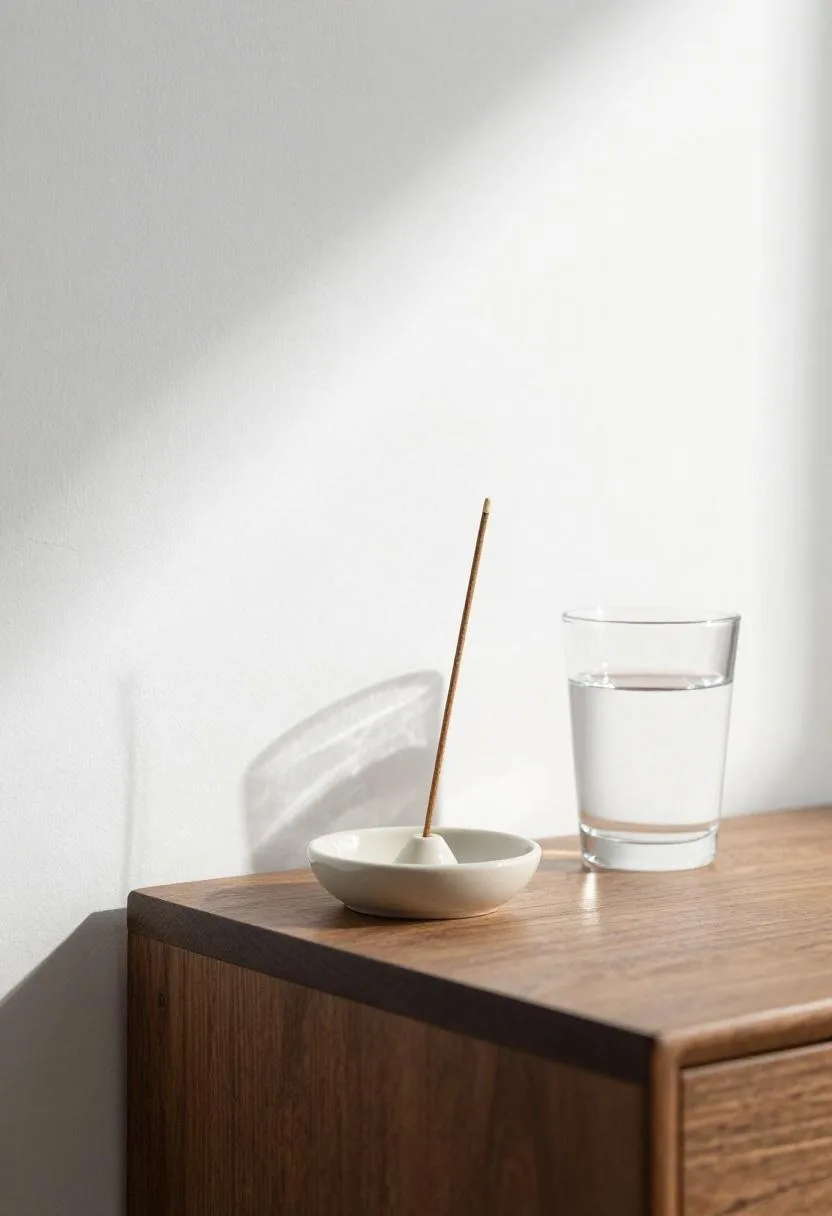 Floating walnut nightstand with cream ceramic incense holder in warm afternoon light, Japandi detail