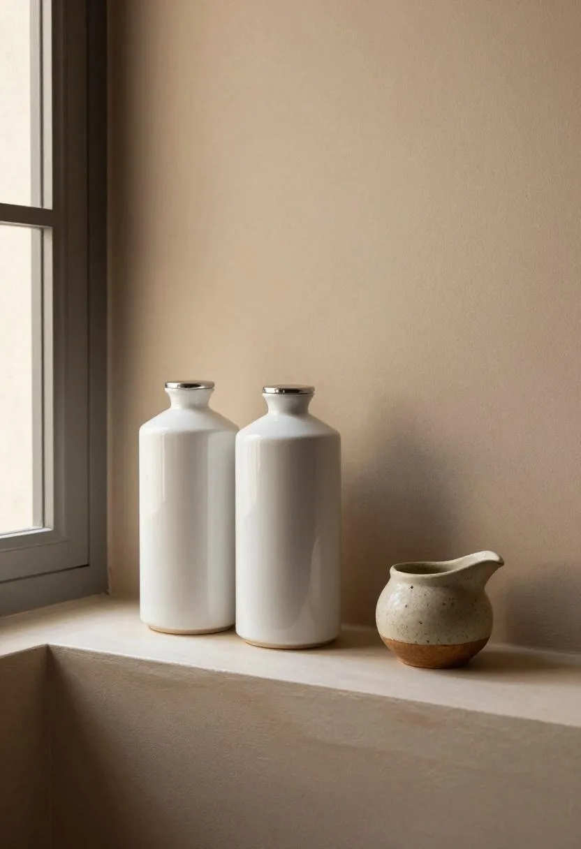 Floating walnut pantry shelf with ceramic canisters and a glass olive oil pourer arranged neatly