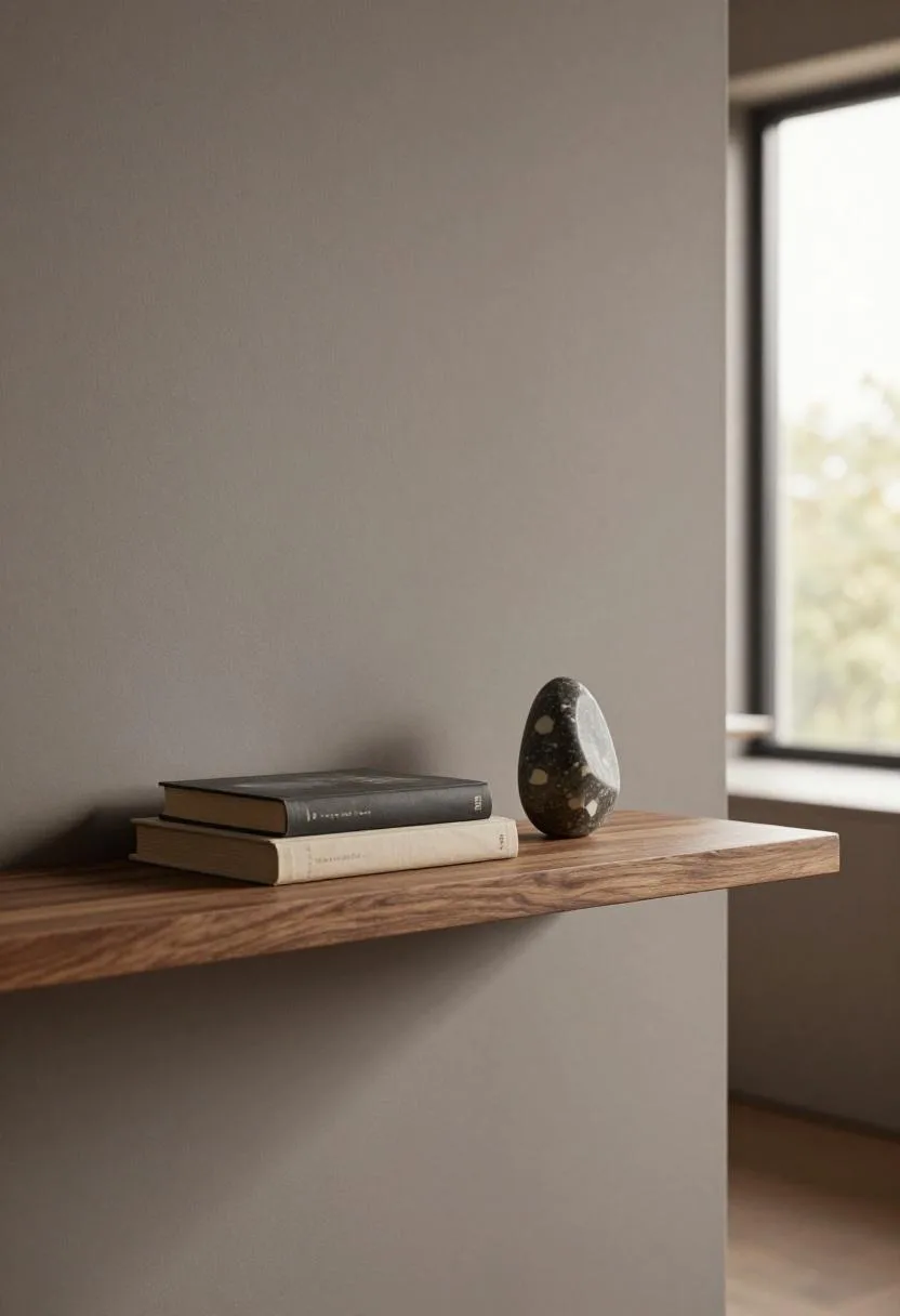 Floating walnut shelf with books and basalt sculpture on a charcoal office wall in Japandi style
