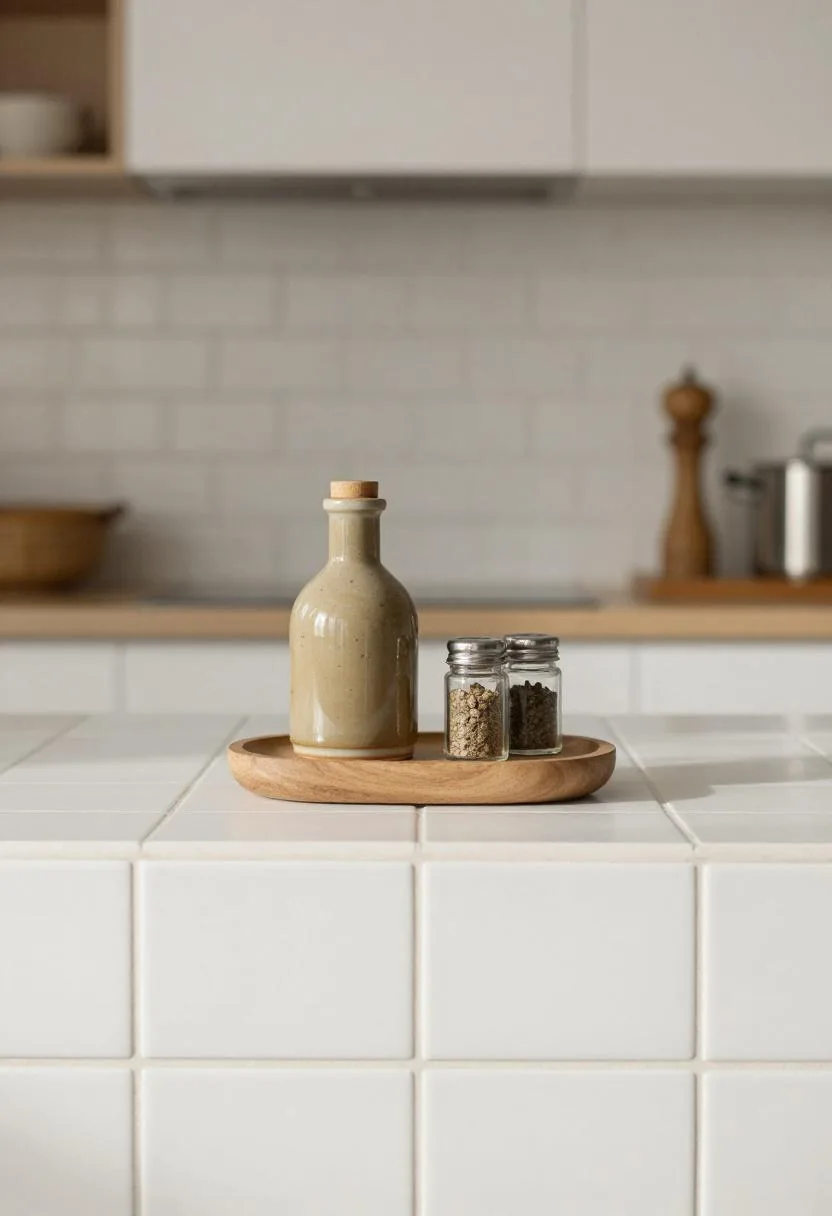 Floating walnut shelf with tan ceramic cruet and glass spice jar on white subway tile