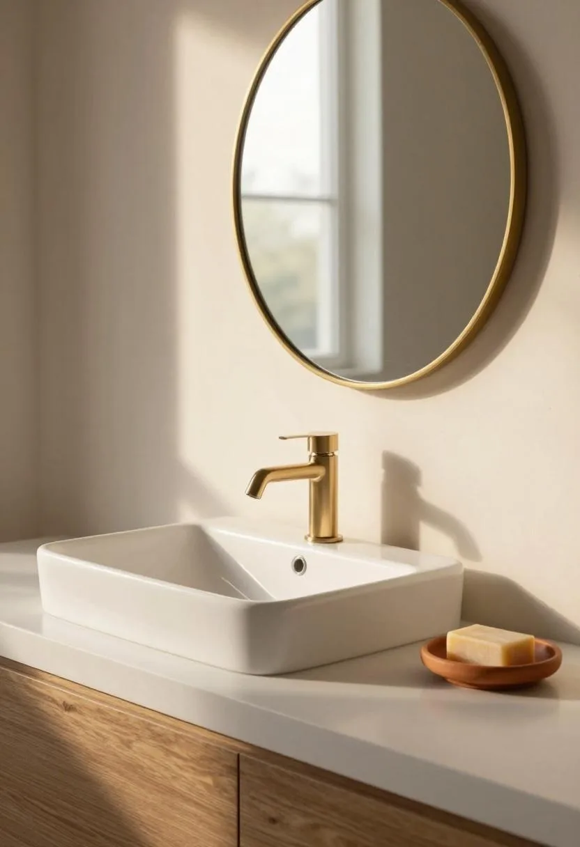 Interior design - floating walnut vanity brass mirror terracotta soap dish