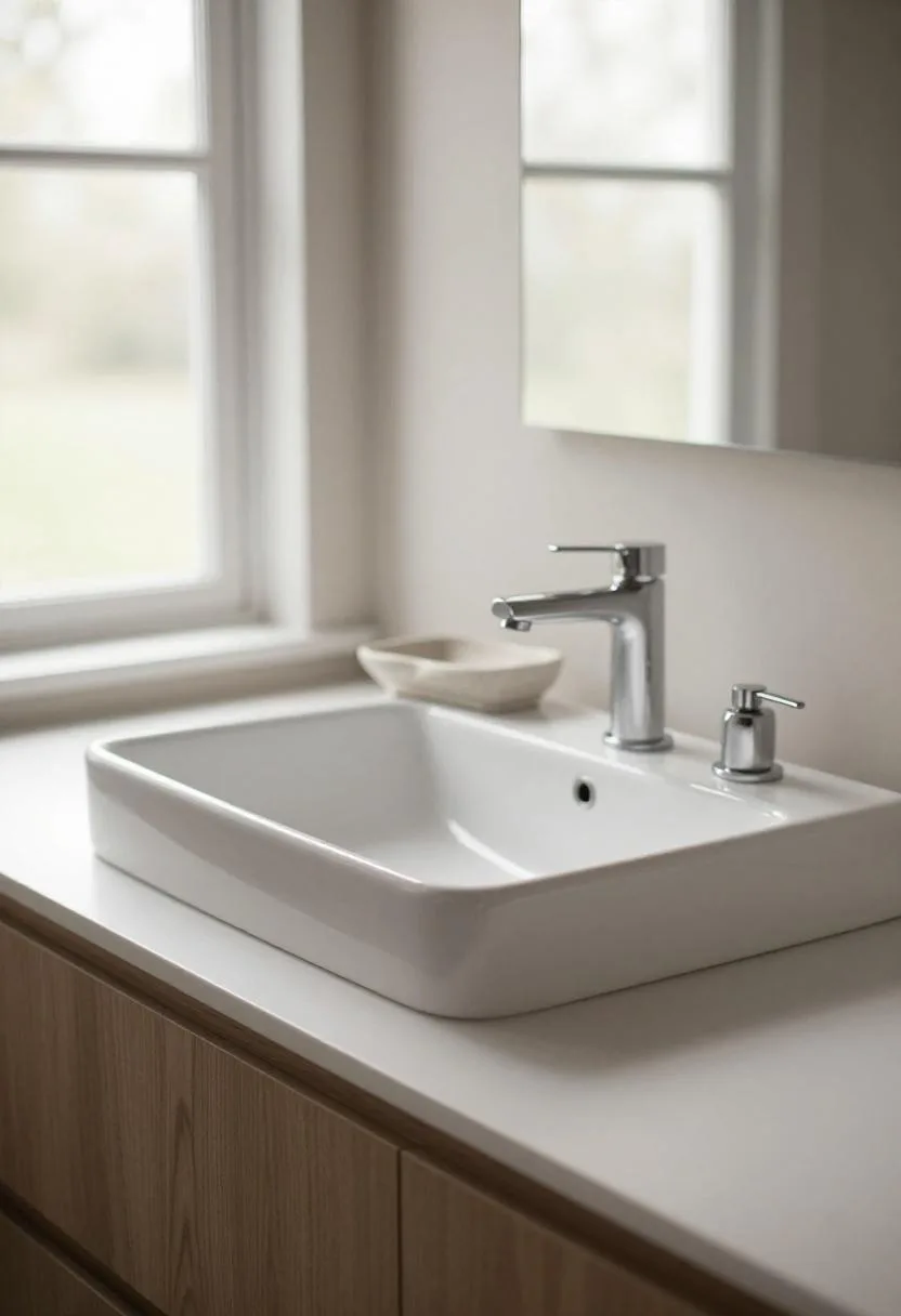 Floating walnut vanity with a small ceramic soap dish set on top in warm neutral bathroom tones