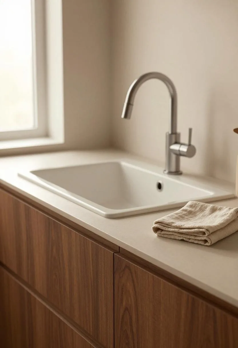 Floating walnut wood bathroom vanity with a white ceramic undermount sink and a single folded linen hand towel on the counter