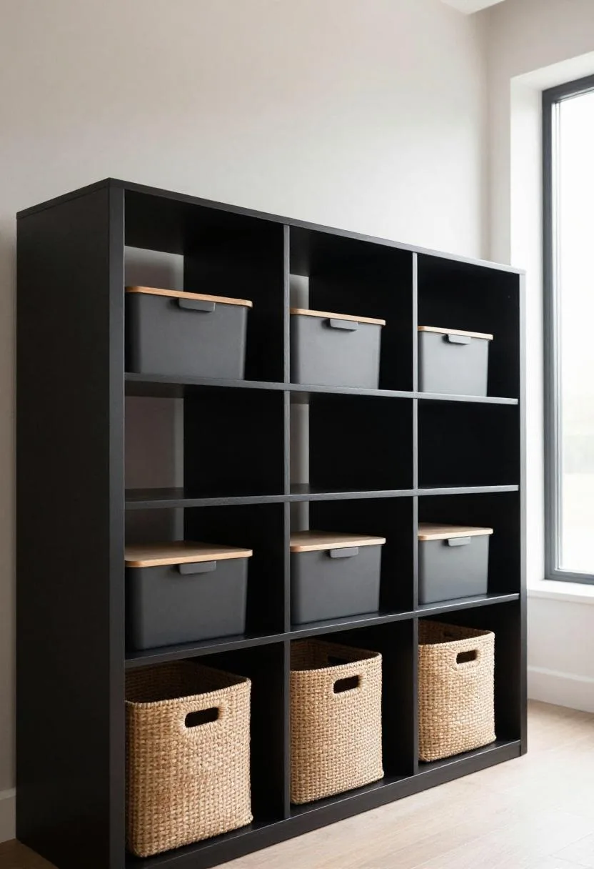 Floor-to-ceiling black steel pantry shelving unit with categorized oak containers and a natural seagrass bin at the base